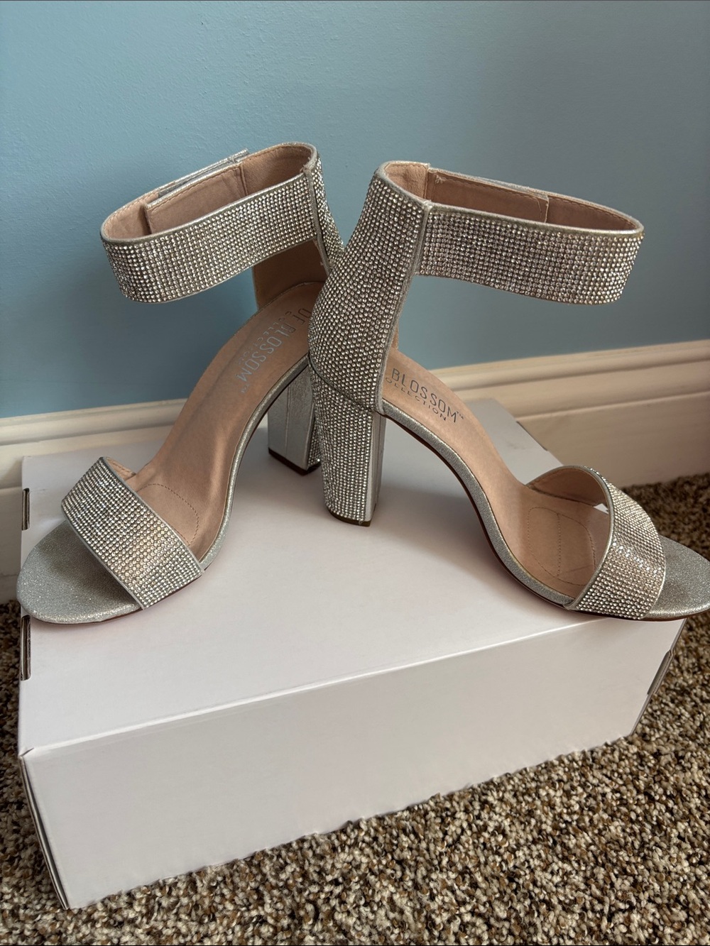 De Blossom Collection Silver Rhinestone Ankle-Strap Block 4in Heels